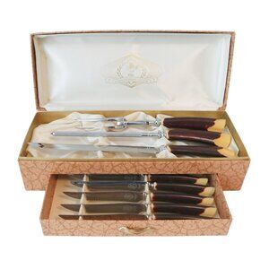 Vintage 9 Pc Glo-Hill Cutlery Carving Set 6 Steak Knifes Bakelite Handle in Case